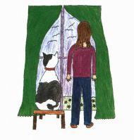 Phoebe looking out the window