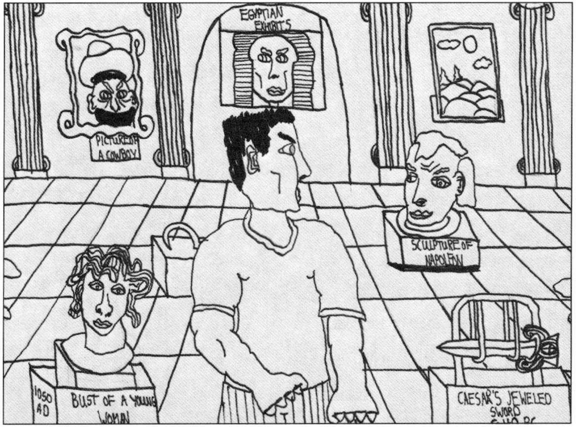 The Baron, the Unicorn, and the Boy inside a museum