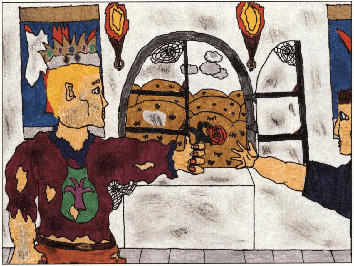 The Baron, the Unicorn, and the Boy king giving a flower