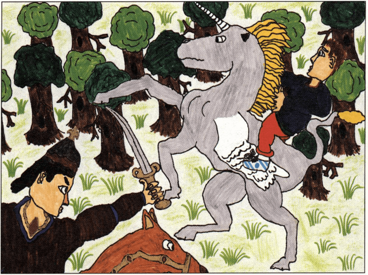 The Baron, the Unicorn, and the Boy riding a unicorn