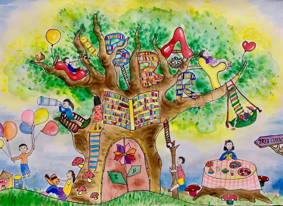 Artwork in watercolor of a tree with books and children