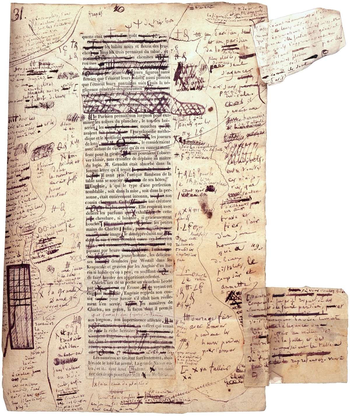 A page from a manuscript by Honoré de Balzac, c. 1850, with extensive handwritten revisions in the margins.