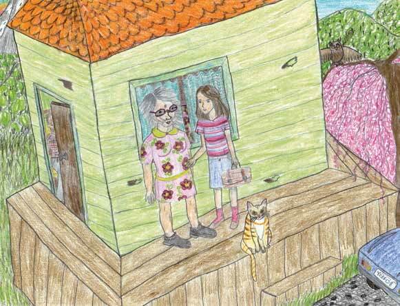 Owl Song standing on the porch