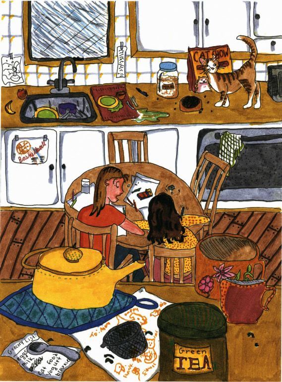 Plain Old Kate drawing in the kitchen table