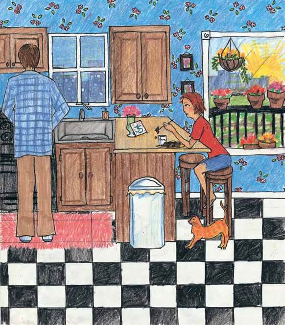 Not Your Ordinary Fairy Tale eating at the kitchen counter