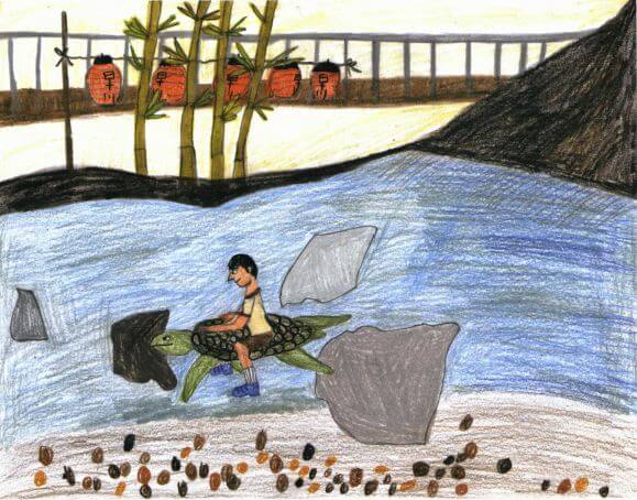 Makoto, the Turtle Boy riding a turtle