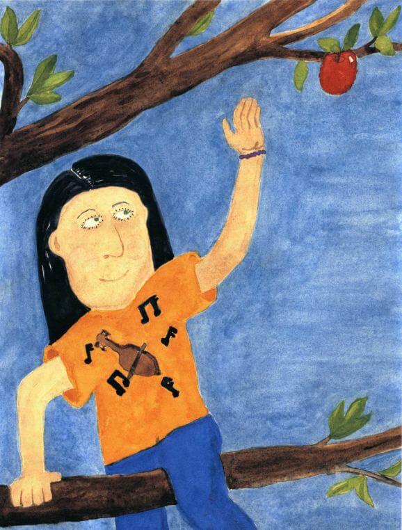 A Morning in the Orchard reaching for an apple