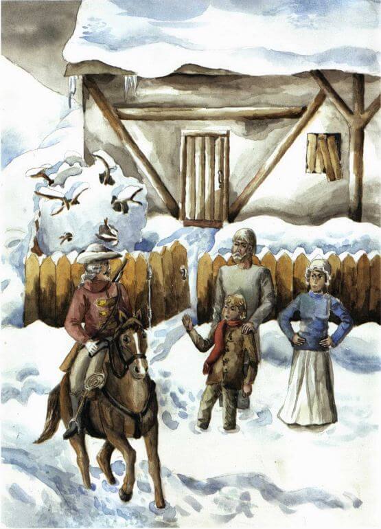 Shepherd of Stonehenge riding a horse in the snow