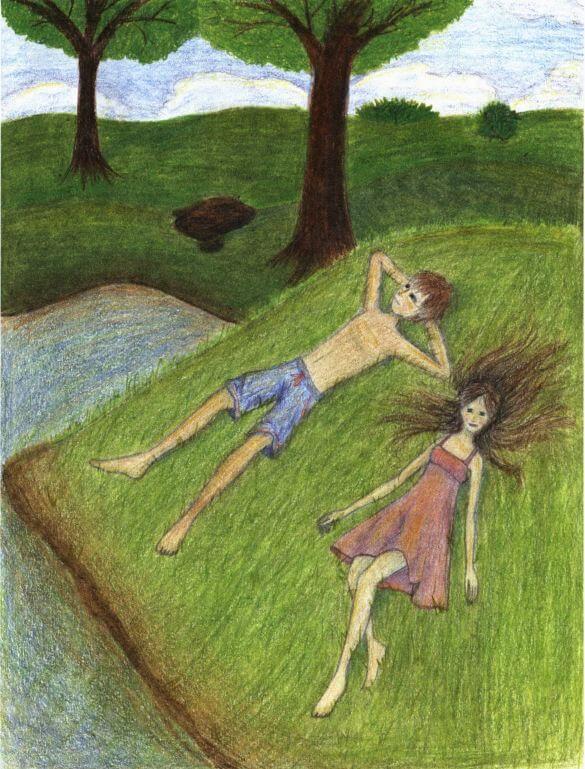 Cedar Wood and Rose lounging by the grass