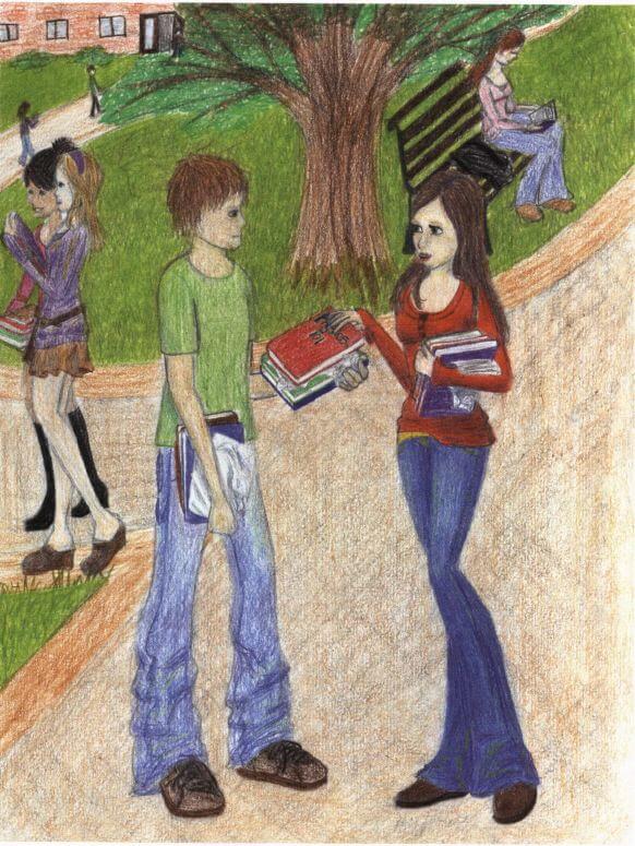 Cedar Wood and Rose returning a book