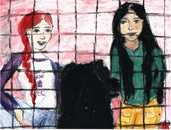Music from the Heart girls looking at dog in cage