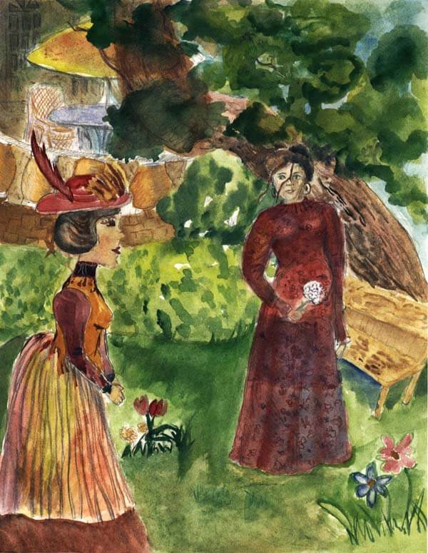 mrs will baker two ladies in the garden talking