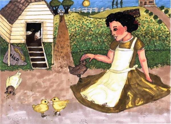 the chicken coop child playing with chicks
