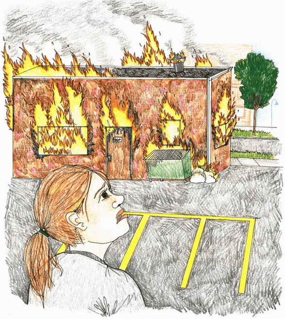 Because of Trust girl looking at burning shop