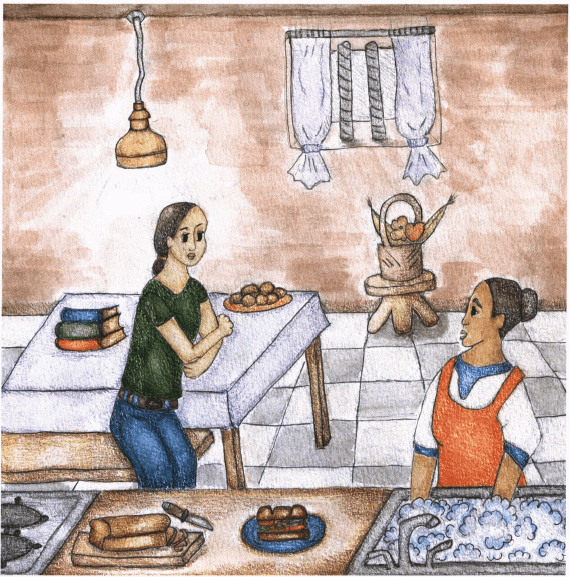 The Burden of Words mother and daughter talking in the kitchen