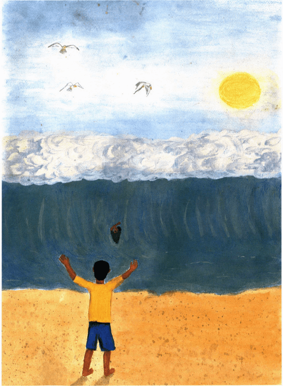 The Shifting Sands boy looking at a huge wave