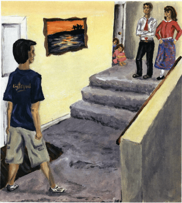 Stranded boy fighting with parents