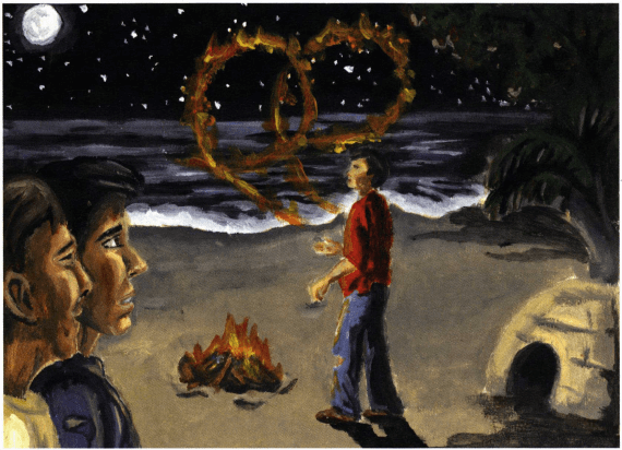 Stranded boys looking at fire