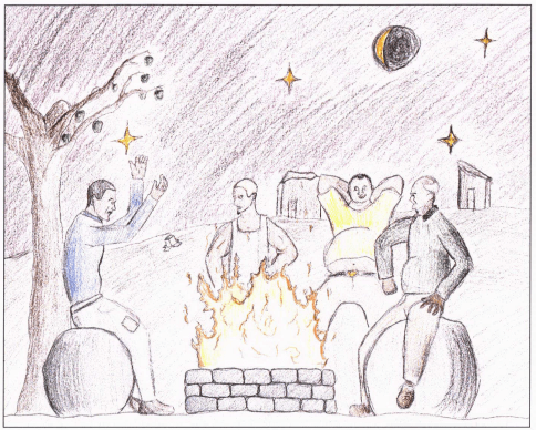 Rosalino's Dog around a campfire