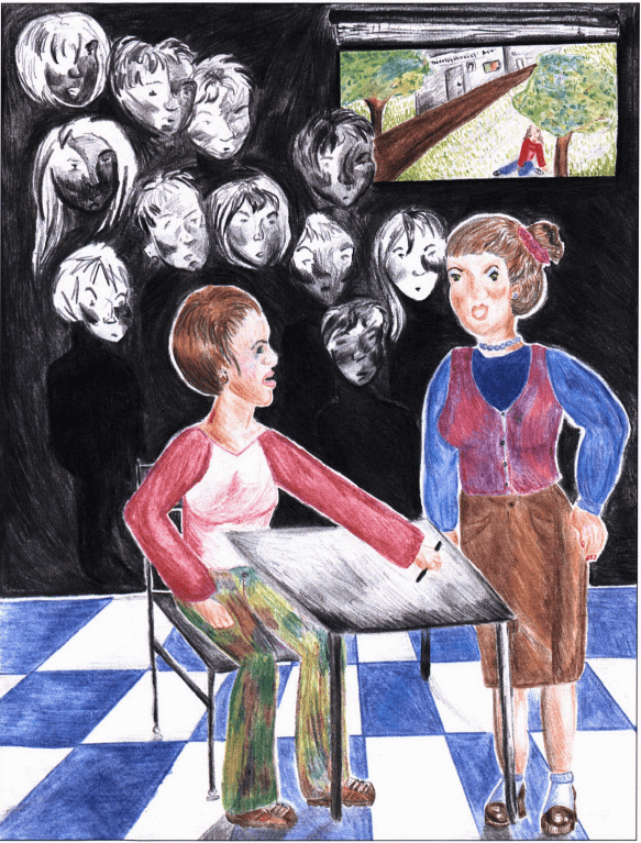 Patches of Sky Blue talking to a teacher