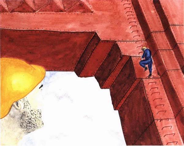a gated memory hard hat guy climbing a bridge