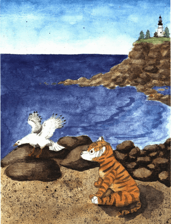 Stripes a seagull and a stuffed tiger