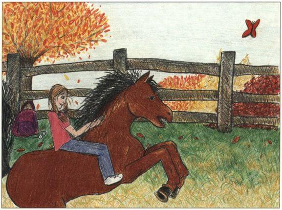 A Crimson Glimmer girl riding a horse