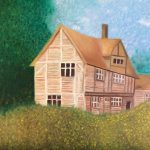 An oil painting of a quaint house in a rural area.