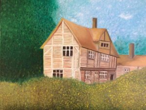 An oil painting of a quaint house in a rural area.