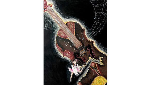 A painting of a fairy perched on a violin.