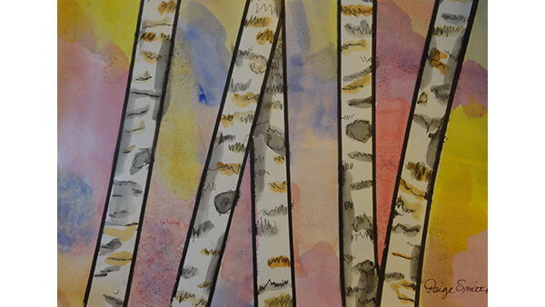 A watercolour painting of birch trees against a colourful background.