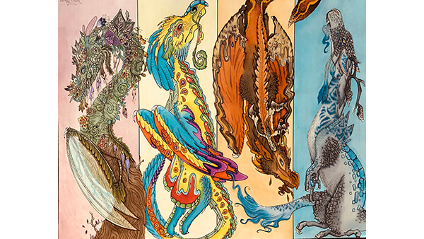 A felt drawing of four dragons that each represent a season.