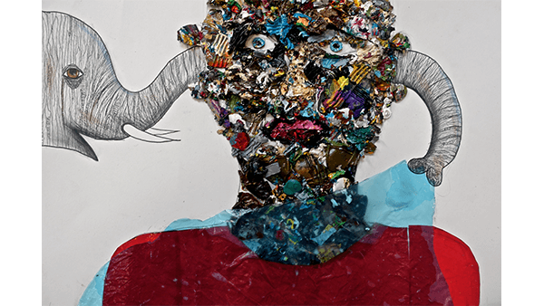 A multi-media collage of a person with an elephant’s trunk going into one ear and out the other.