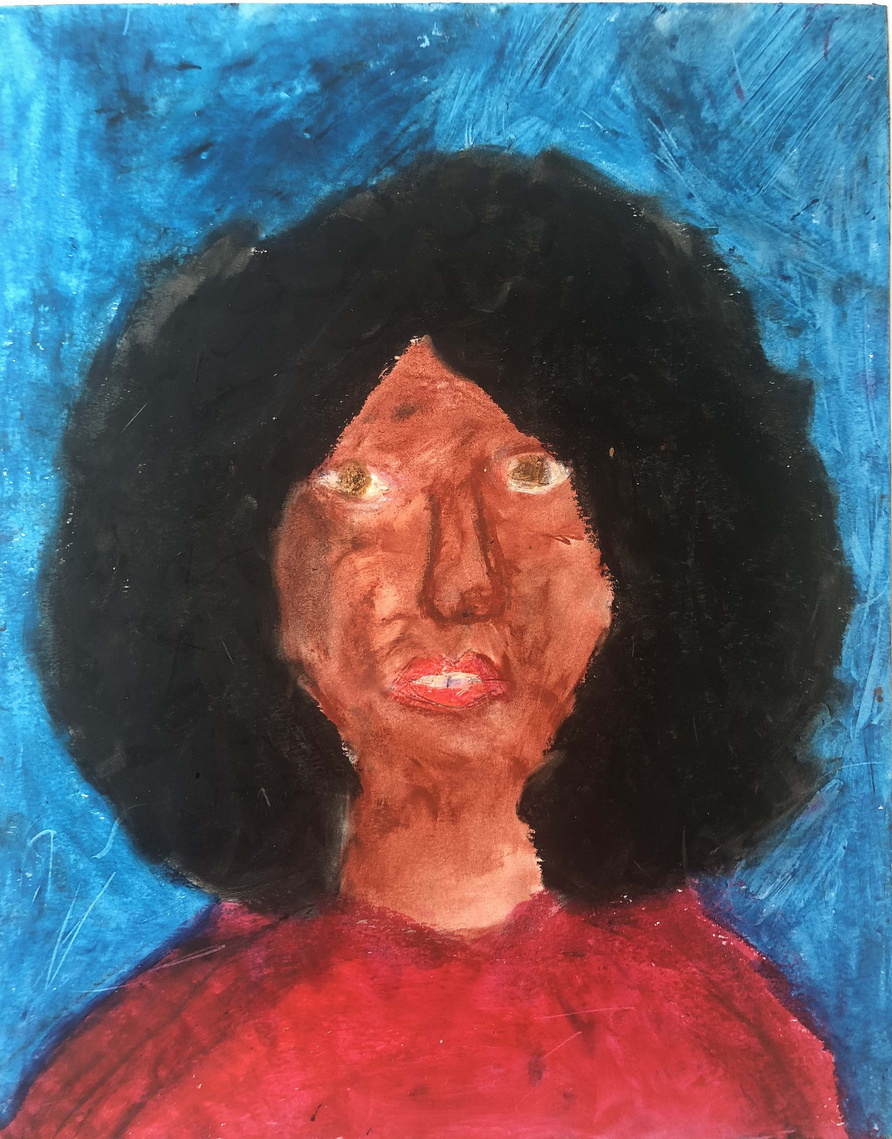 Portrait of a Woman Standing Against a Blue Wall