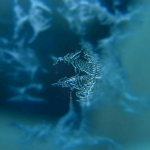 A photograph of a snowflake, partially hidden by blurry blue spots.