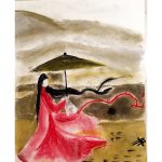 A pastel drawing of a lady in a red dress holding a parasol.