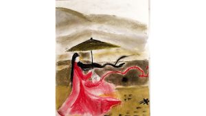 A pastel drawing of a lady in a red dress holding a parasol.