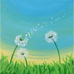 An acrylic painting of dandelions with their seeds being blown away.
