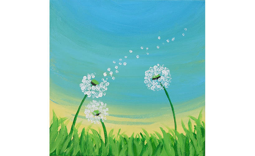 An acrylic painting of dandelions with their seeds being blown away.