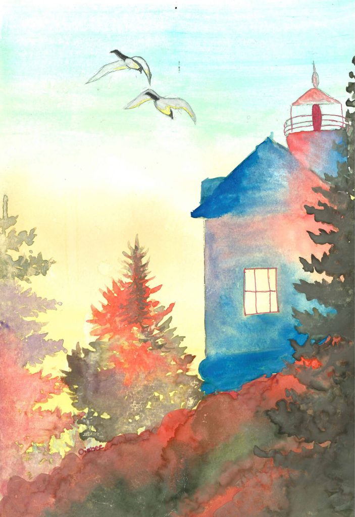 A watercolour painting of two birds flying towards a lighthouse.