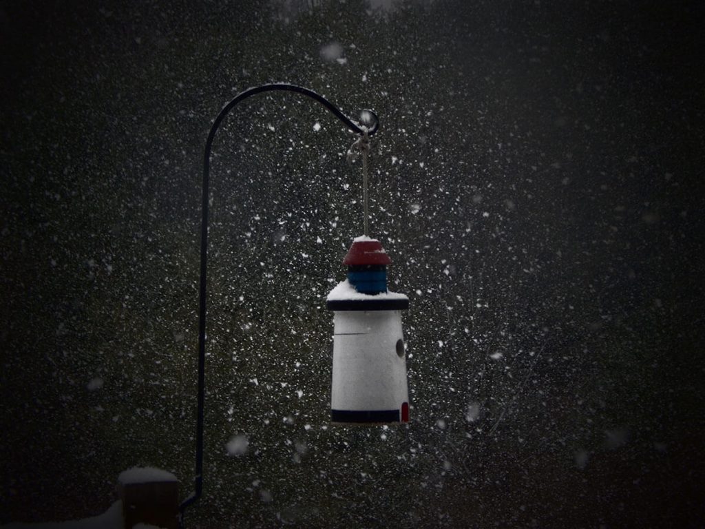 A photograph of a quaint birdhouse surrounded by snowflakes.