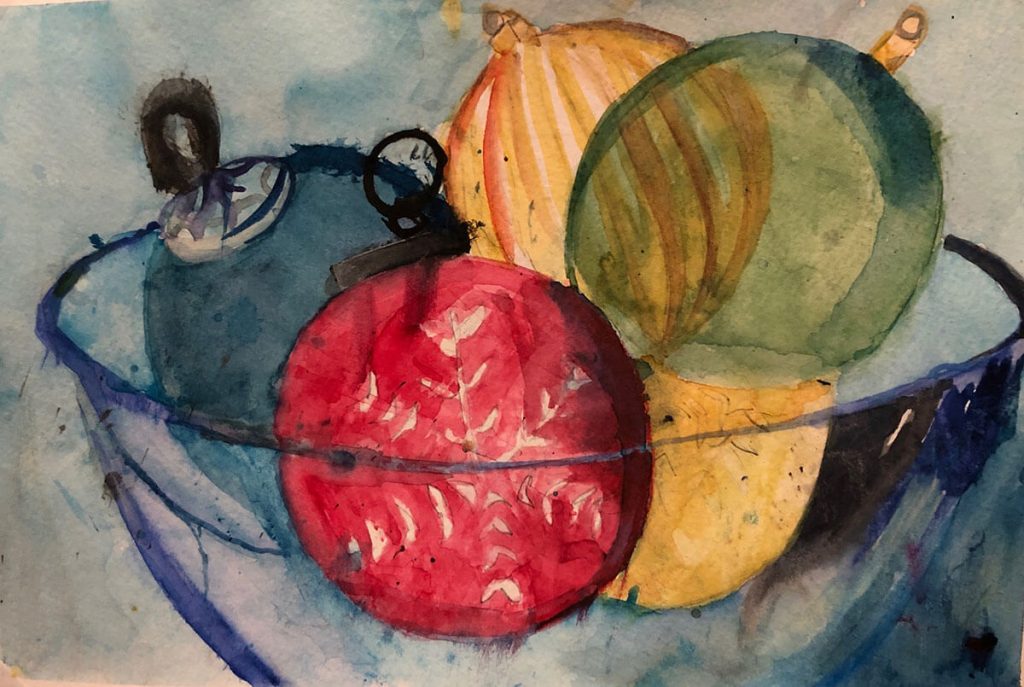 A watercolour painting of a bowl of fruit.