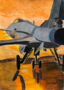 A pencil crayon drawing of a fighter jet at sunrise.