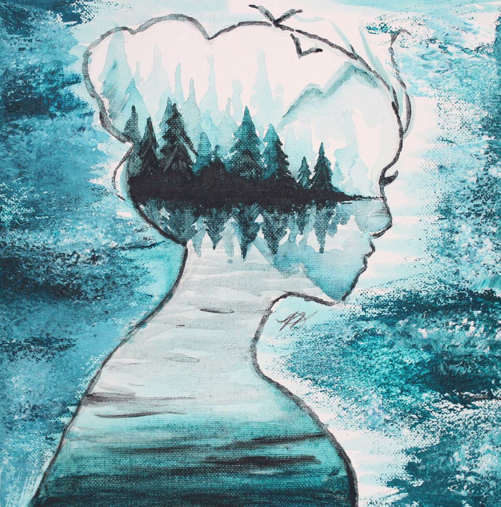 An acrylic painting of a girl’s profile incorporated into a natural scene.
