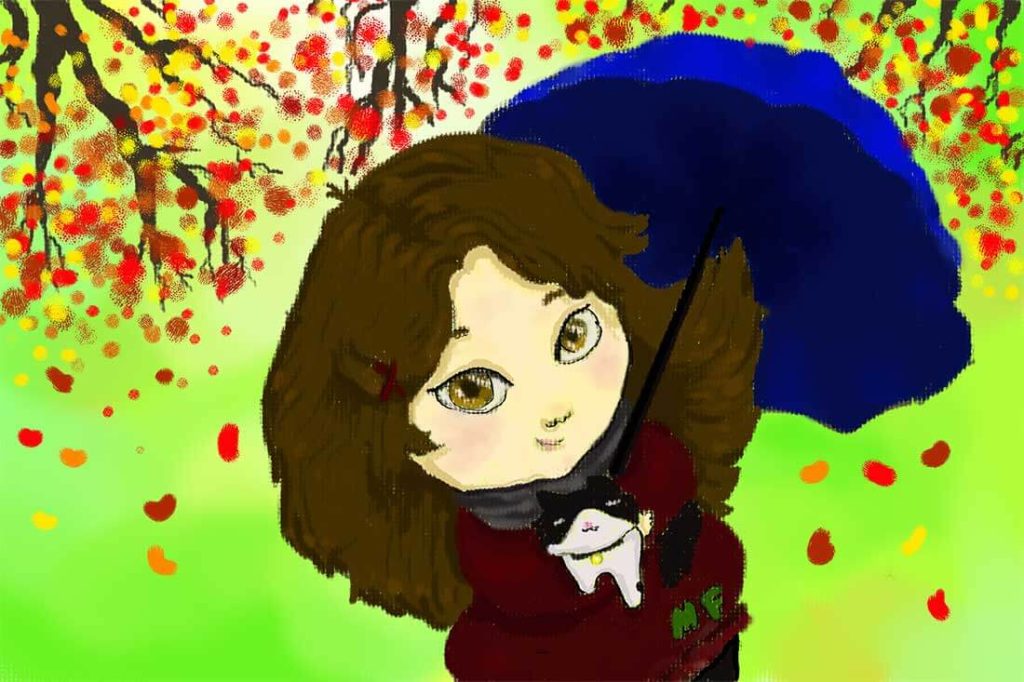 A digital painting of a cheerful girl holding an umbrella.