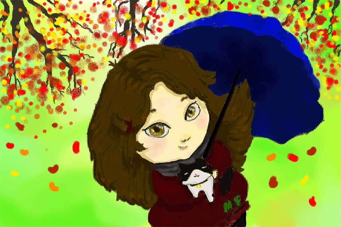 A digital painting of a cheerful girl holding an umbrella.