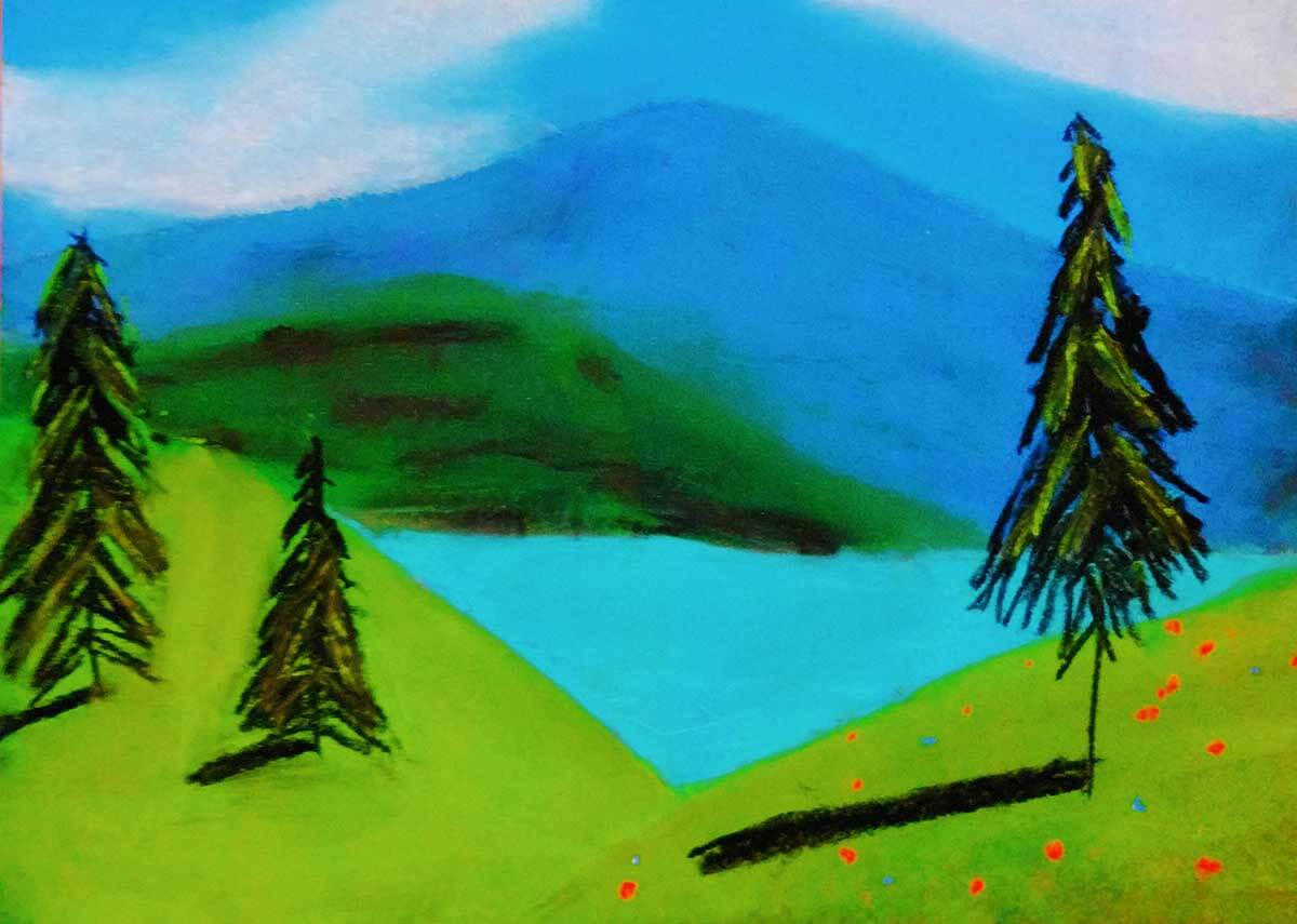 An oil pastel drawing of peaceful, rolling hills.