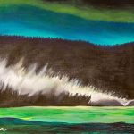 An acrylic painting of the Northern Lights reflected in the ocean.