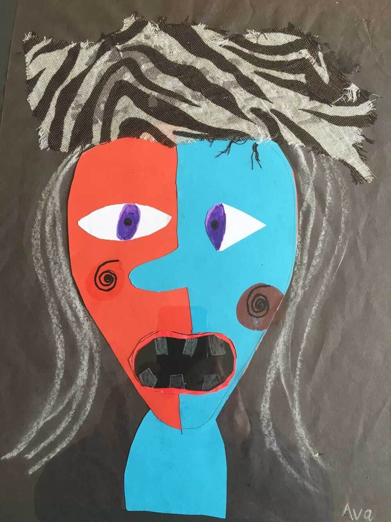 An abstract, Picasso-style collage of a woman’s face.