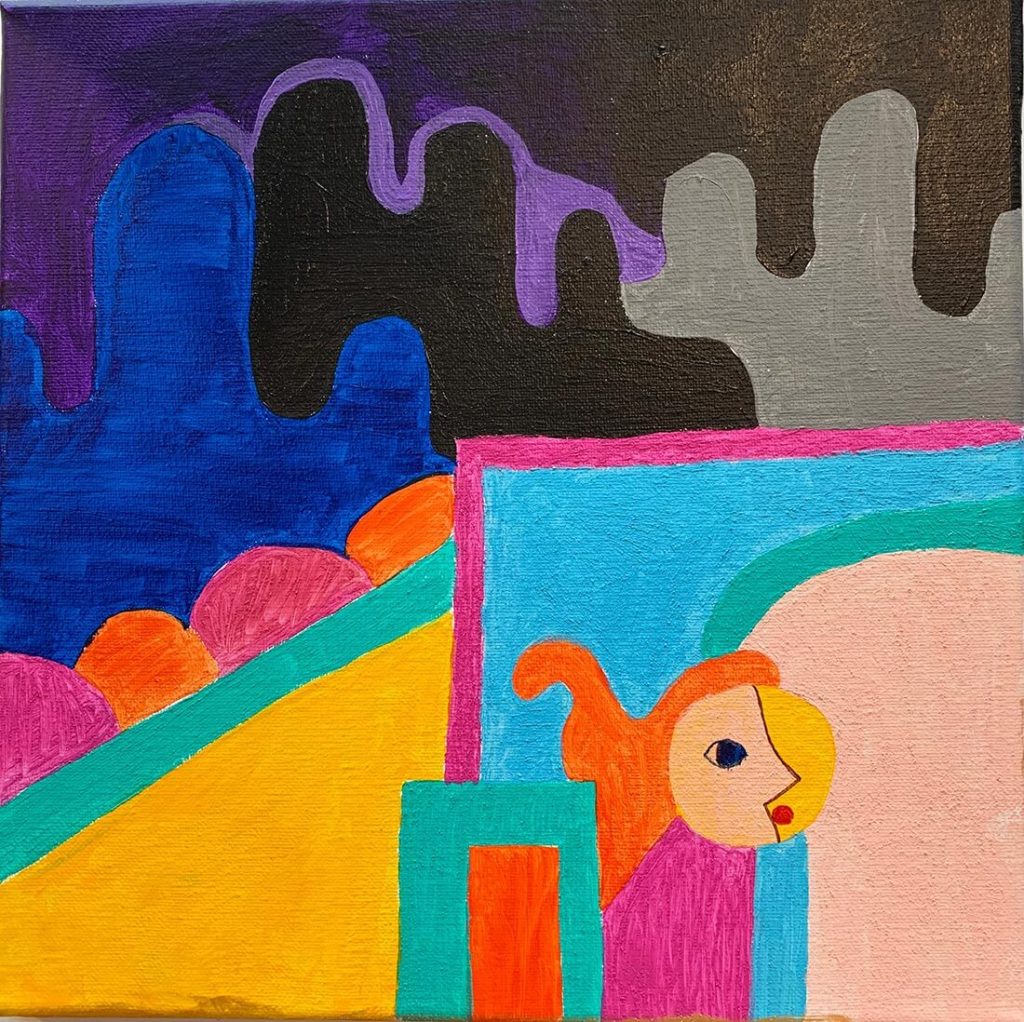 An abstract, Picasso-style acrylic painting of a girl in a colourful landscape.